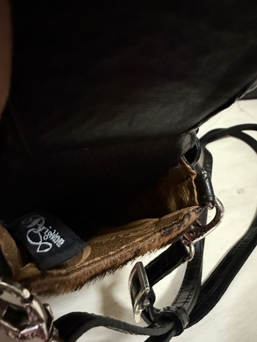 Brighton Vintage Black Leather Crocodile Print with Leopard Fur Panel Crossbody - Picture 4 of 4